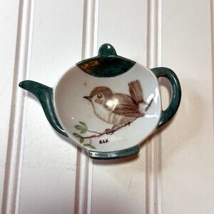 Vintage Bird Teapot Shaped Tea Bag Holder Ceramic Cottagecore